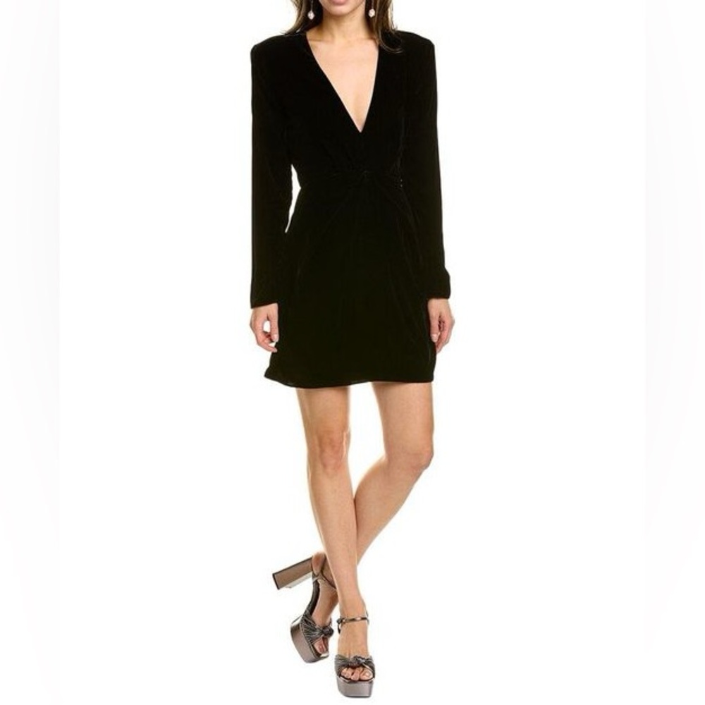 THE KOOPLES Black Velvet V Neck Mini Dress Long Sleeves Shoulder Pads Sz 1/Small